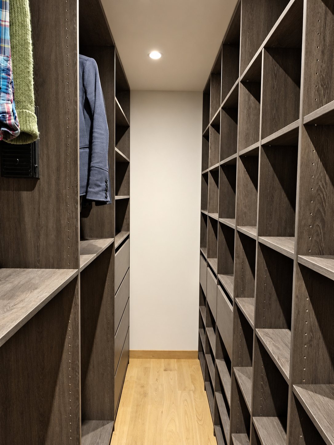 Dressing étroit sur mesure en bois foncé avec étagères et tiroirs, donnant sur un parquet clair.