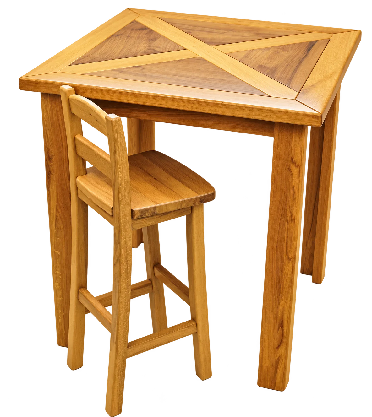 Table haute en chêne massif avec plateau marqueté et tabouret assorti